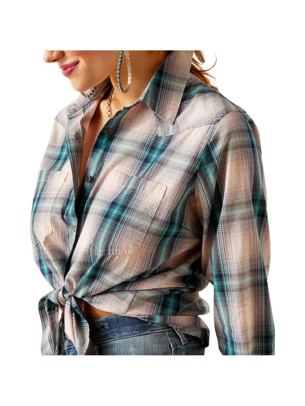 Ariat Billie Jean Plaid Embroidered Button-Up Shirt Pink Blue Collared Size M
